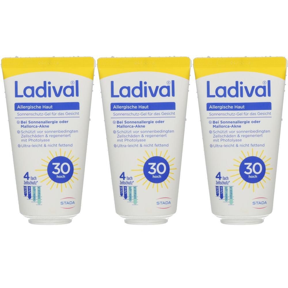 Drei Tuben Ladival Sonnenschutz-Gel LSF 30 für allergische Haut. Ultra-leicht und nicht fettend.