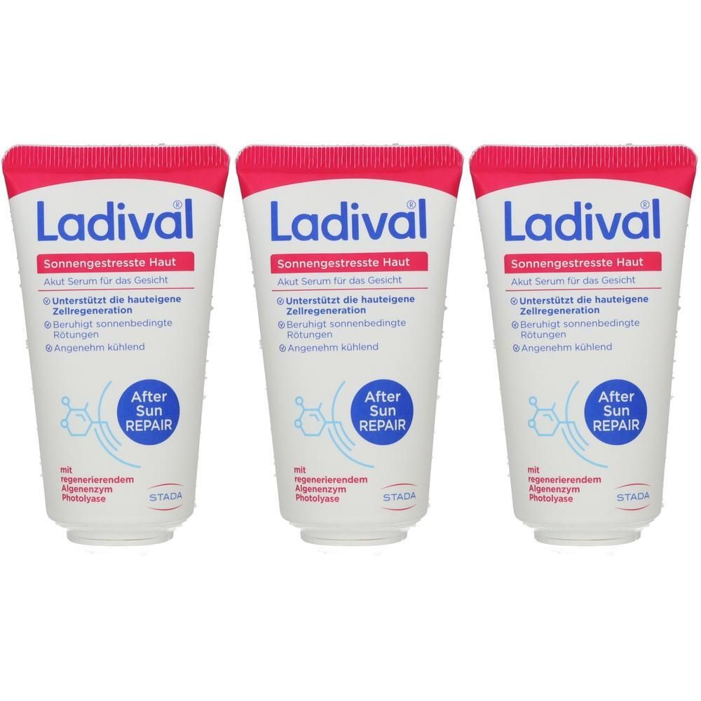 Drei Tuben Ladival After Sun Repair Serum für das Gesicht. Beruhigt sonnengestresste Haut.