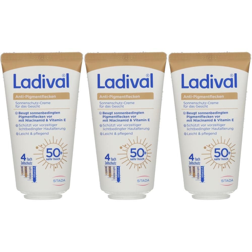 Drei Tuben Ladival Sonnenschutz-Creme Anti-Pigmentflecken LSF 50+ für das Gesicht.