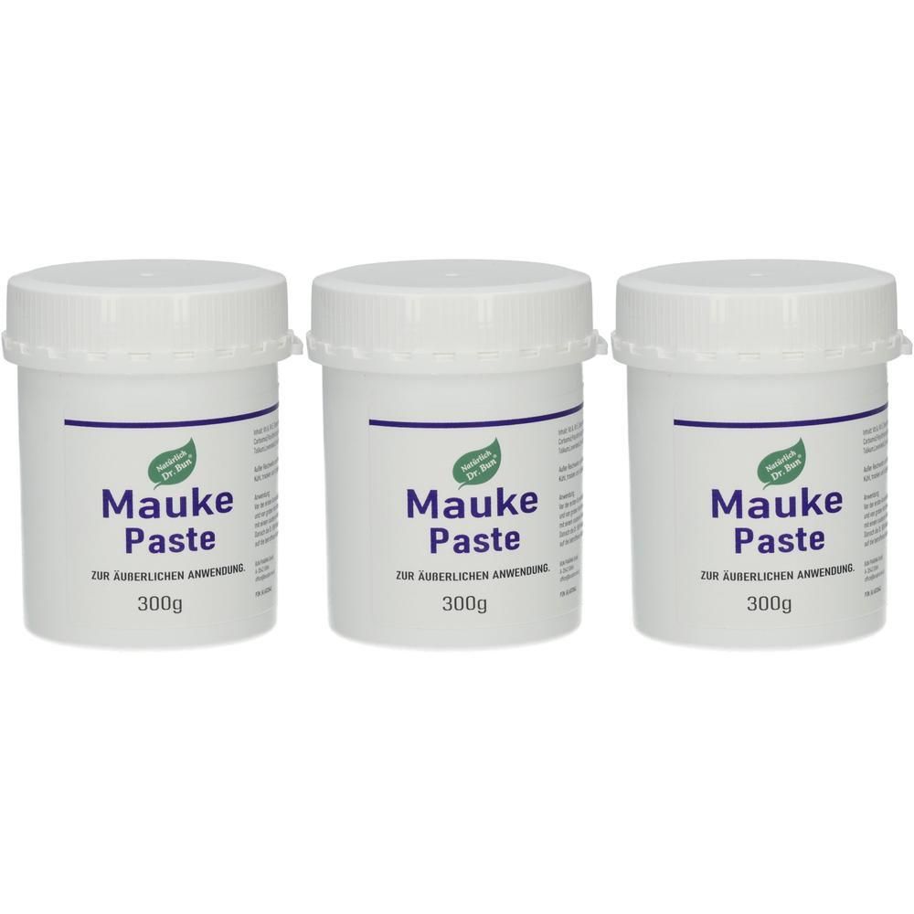 Drei weiße Tiegel mit Mauke Paste, jeweils 300g.
