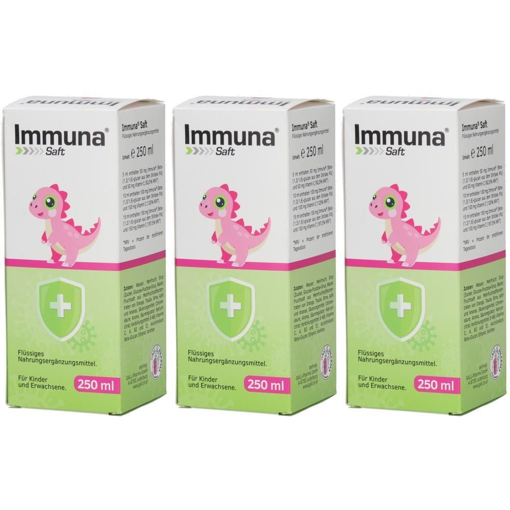 Drei Schachteln IMMUNA Saft, jeweils 250 ml, mit rosa Dinosaurier-Illustration und Schutzschild-Symbol.