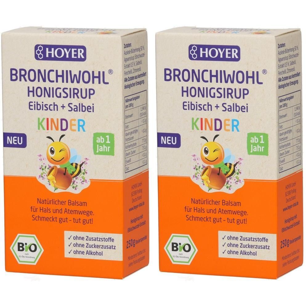 Zwei Packungen HOYER Bronchiwohl Honig Sirup Kinder mit Eibisch und Salbei. Mit Bienenmotiv und Bio-Siegel.