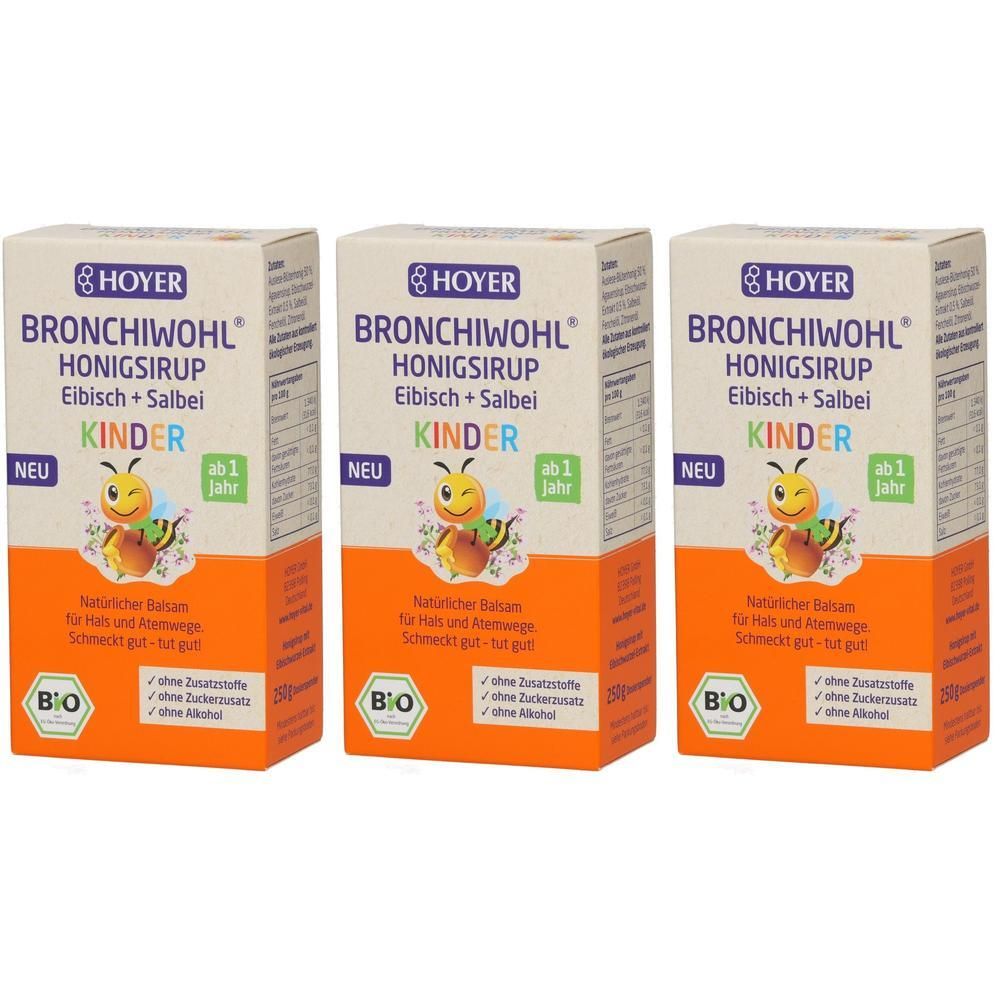 Drei Packungen HOYER BRONCHIWOHL HONIGSIRUP für Kinder, mit Eibisch und Salbei. Bio-zertifiziert.