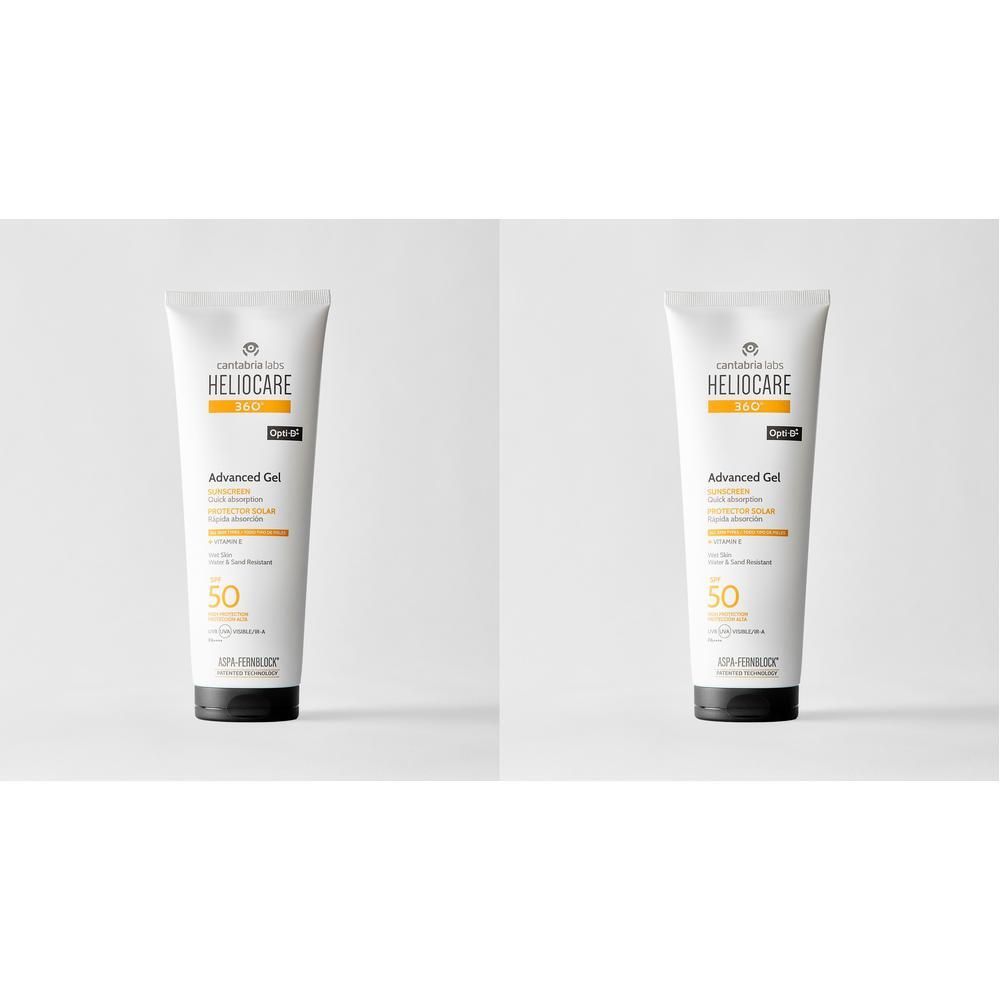 Zwei Tuben HELIOCARE 360° Advanced Gel LSF 50 auf weißem Hintergrund.