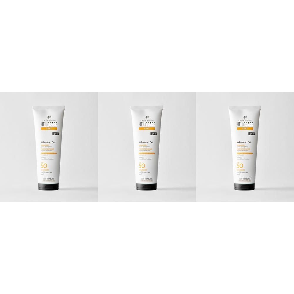 Drei Tuben HELIOCARE SO 360 ADV GEL mit LSF 50, nebeneinander auf weißem Hintergrund.