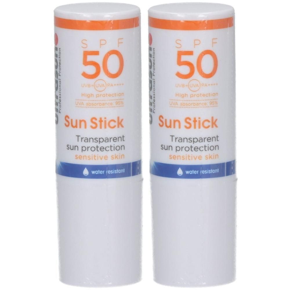 Zwei Ultrasun Sun Stick mit LSF 50, transparenter Sonnenschutz für empfindliche Haut, wasserresistent.