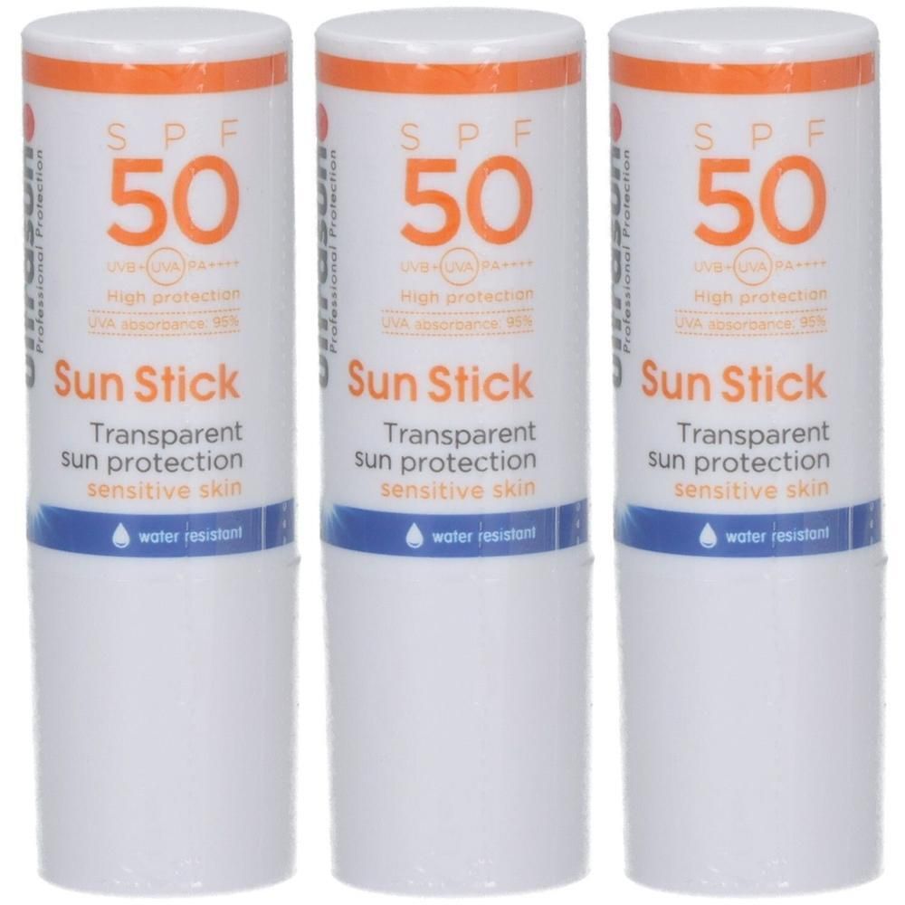 Drei Ultrasun Sun Sticks mit SPF 50, transparenter Sonnenschutz für empfindliche Haut, wasserresistent.
