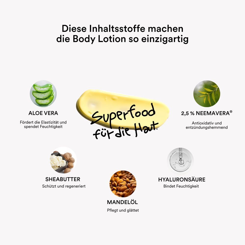 Zutaten der natüür Body Lotion: Aloe Vera, Neem, Sheabutter, Mandelöl, Hyaluronsäure.