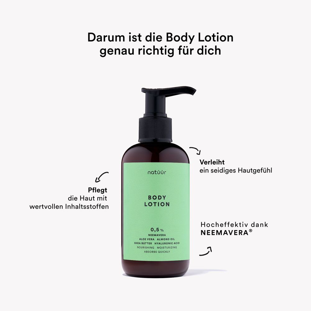 Eine braune Pumpflasche natüür BODY LOTION mit hellgrünem Etikett, umgeben von Text und Pfeilen, die auf Hautgefühl und Inhaltsstoffe hinweisen.