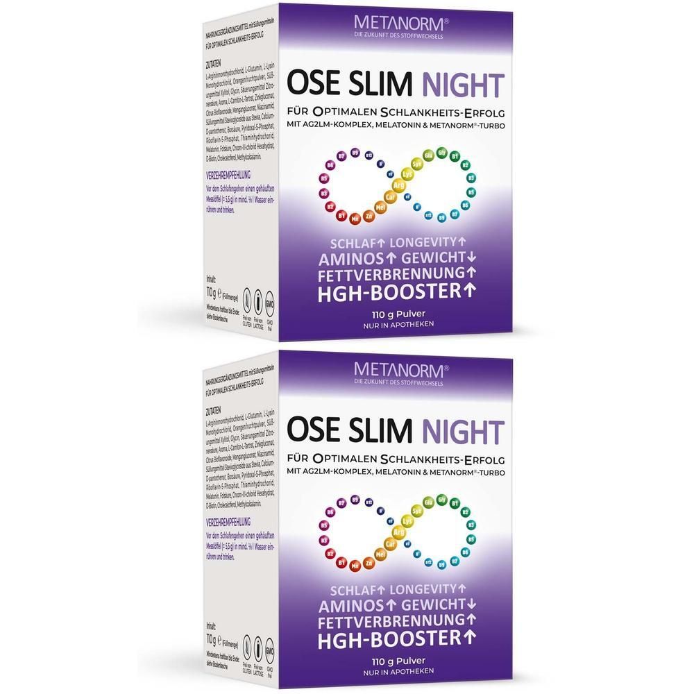 Zwei Packungen OSE SLIM NIGHT Pulver mit je 110g. Lila Kartons mit silberner Schrift und einem bunten Unendlichkeits-Symbol.
