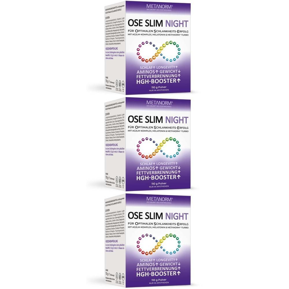 Drei Packungen OSE SLIM NIGHT Pulver mit 90g Inhalt. Lila-weiße Kartons mit Produktinformationen und einem Unendlichkeits-Symbol.