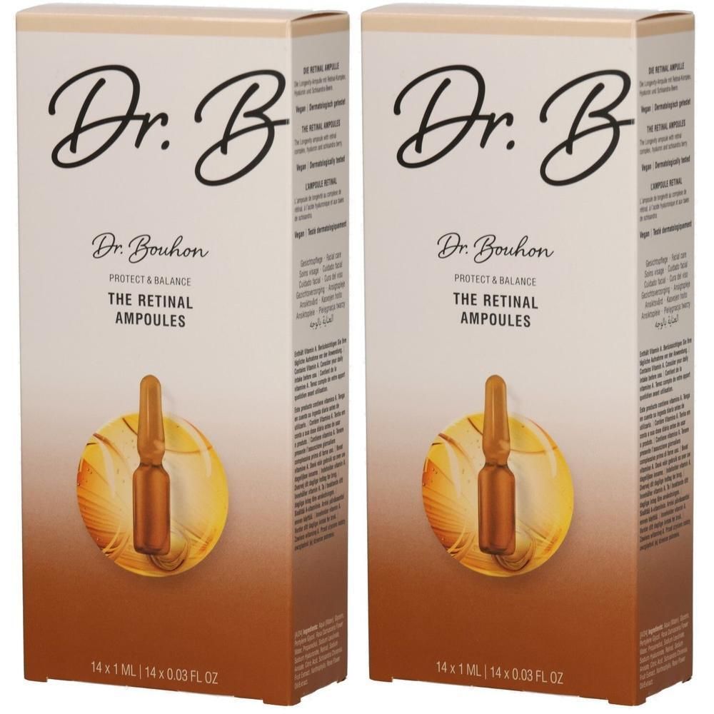 Zwei Packungen Dr. Bouhon The Retinal Ampullen, jede mit 14 x 1 ml Ampullen.