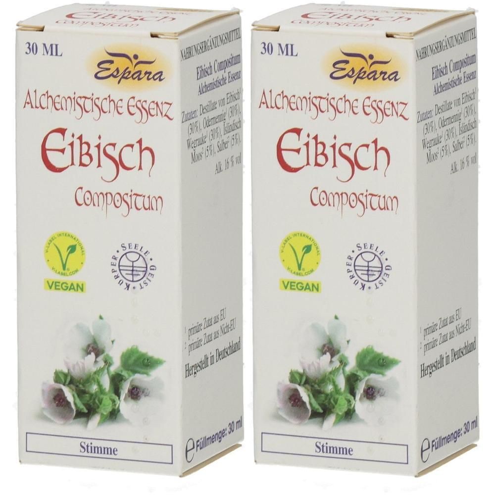 Zwei Schachteln Espara Alchemistische Essenz Eibisch. Jede 30 ml. Mit veganem Siegel und Blumenmotiv.