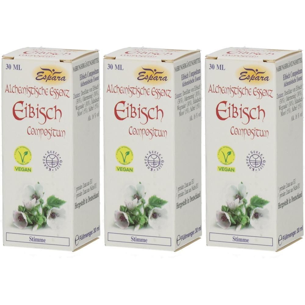 Drei Packungen Alchem. Essenz Eibisch Compositum, je 30 ml. Mit veganem und Bio-Siegel.