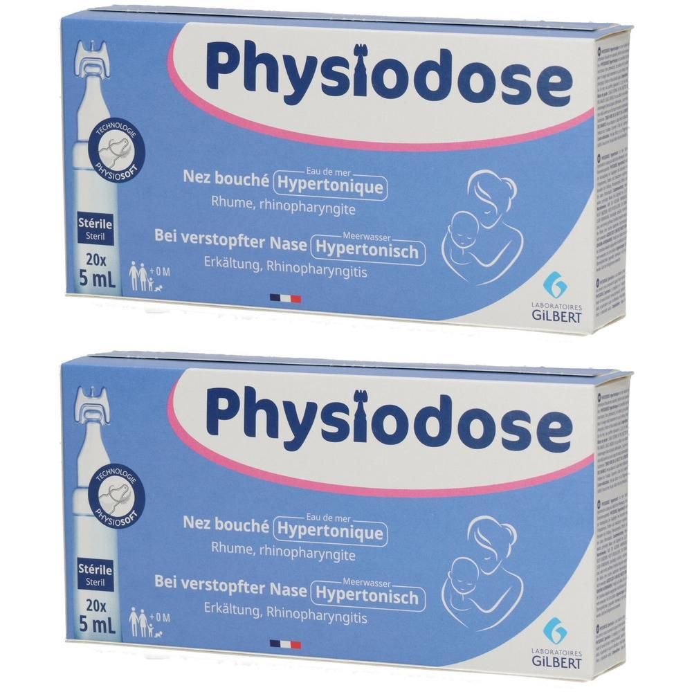 Zwei Packungen PHYSIODOSE mit je 20x 5ml sterilen Ampullen. Für verstopfte Nase, Erkältung, Rhinopharyngitis.