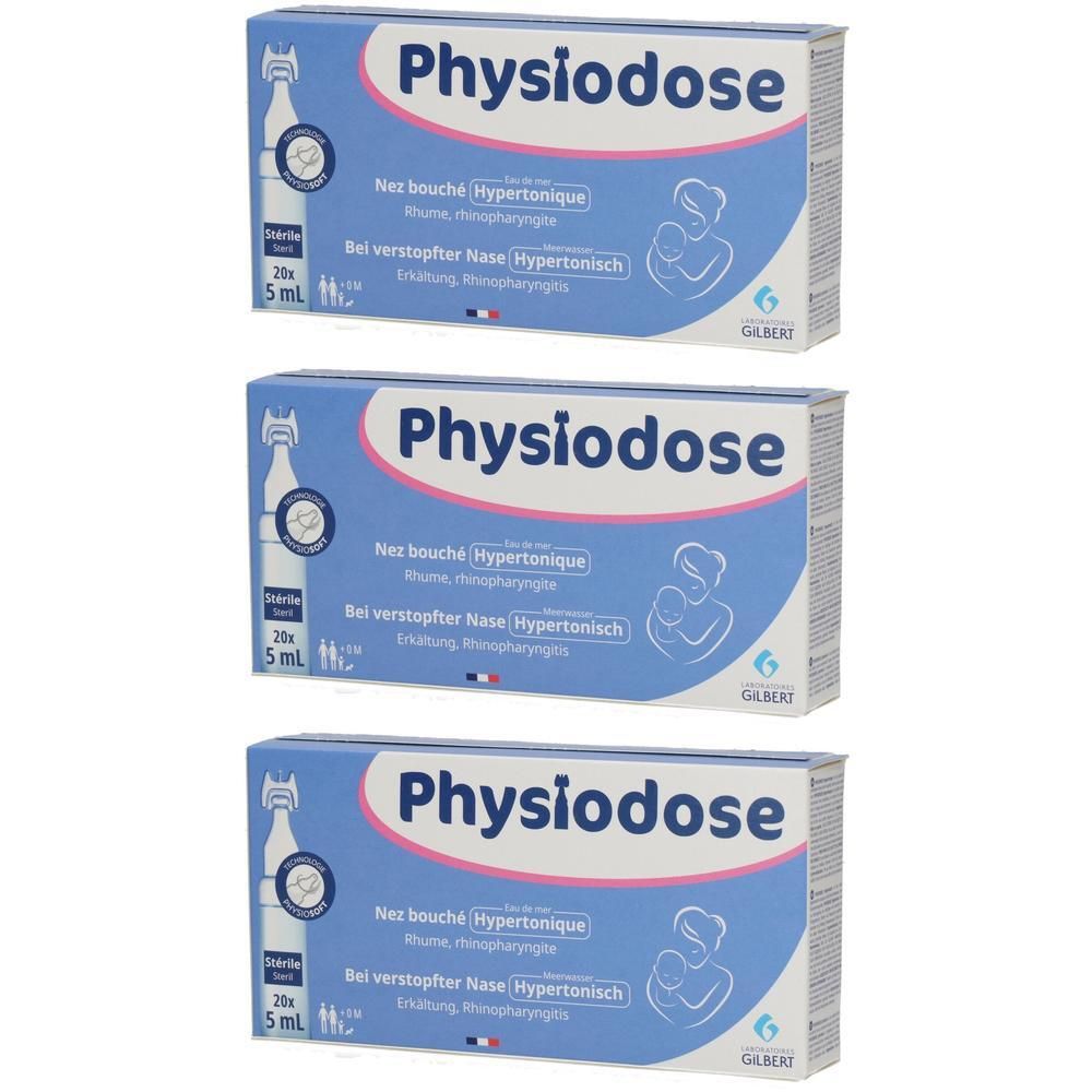Drei Packungen Physiose mit je 20x 5ml Ampullen. Blaue Verpackung mit weißer Schrift und Symbolen.