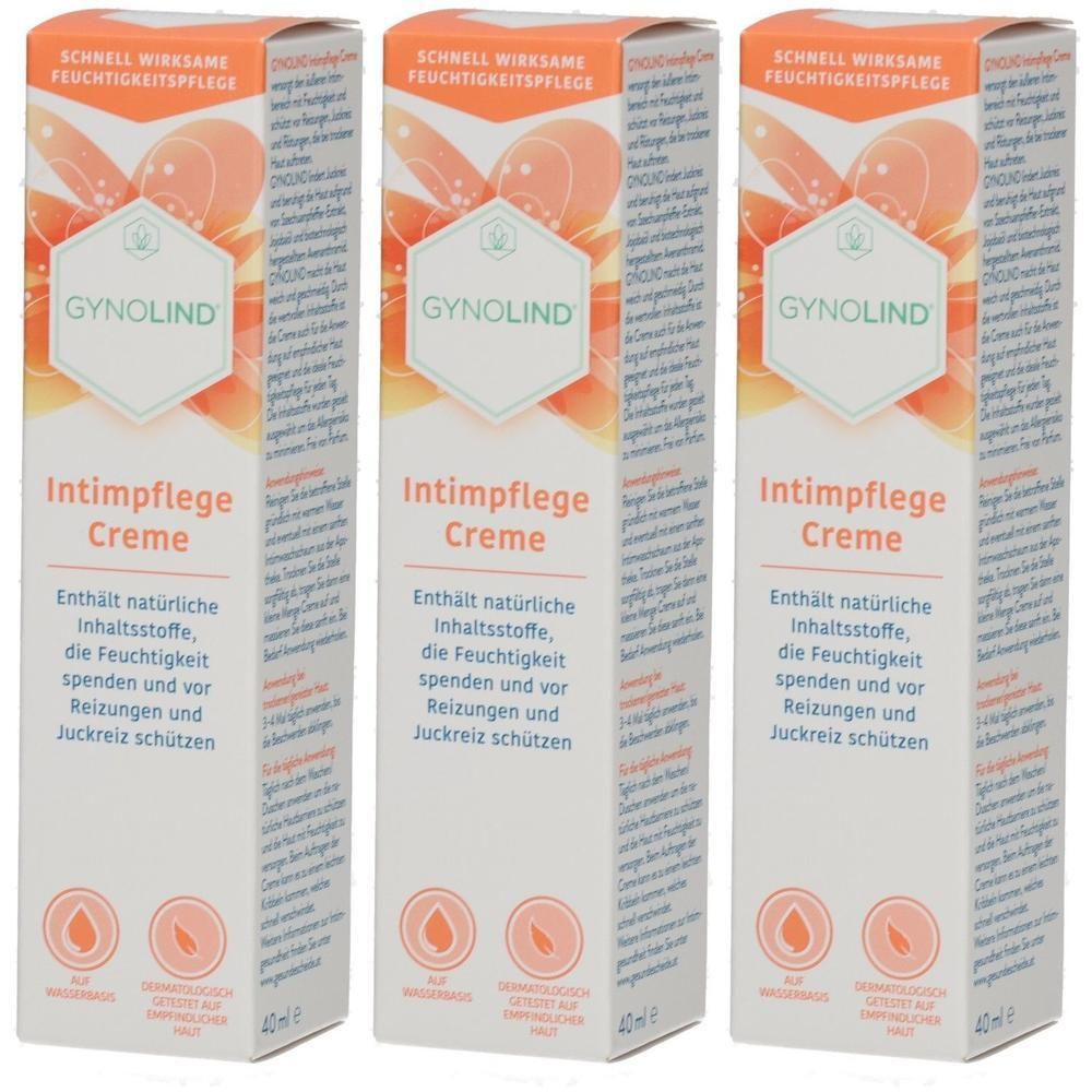Drei Packungen Gynolind Intimpflege Creme, 40ml. Schnelle Feuchtigkeitspflege mit natürlichen Inhaltsstoffen.