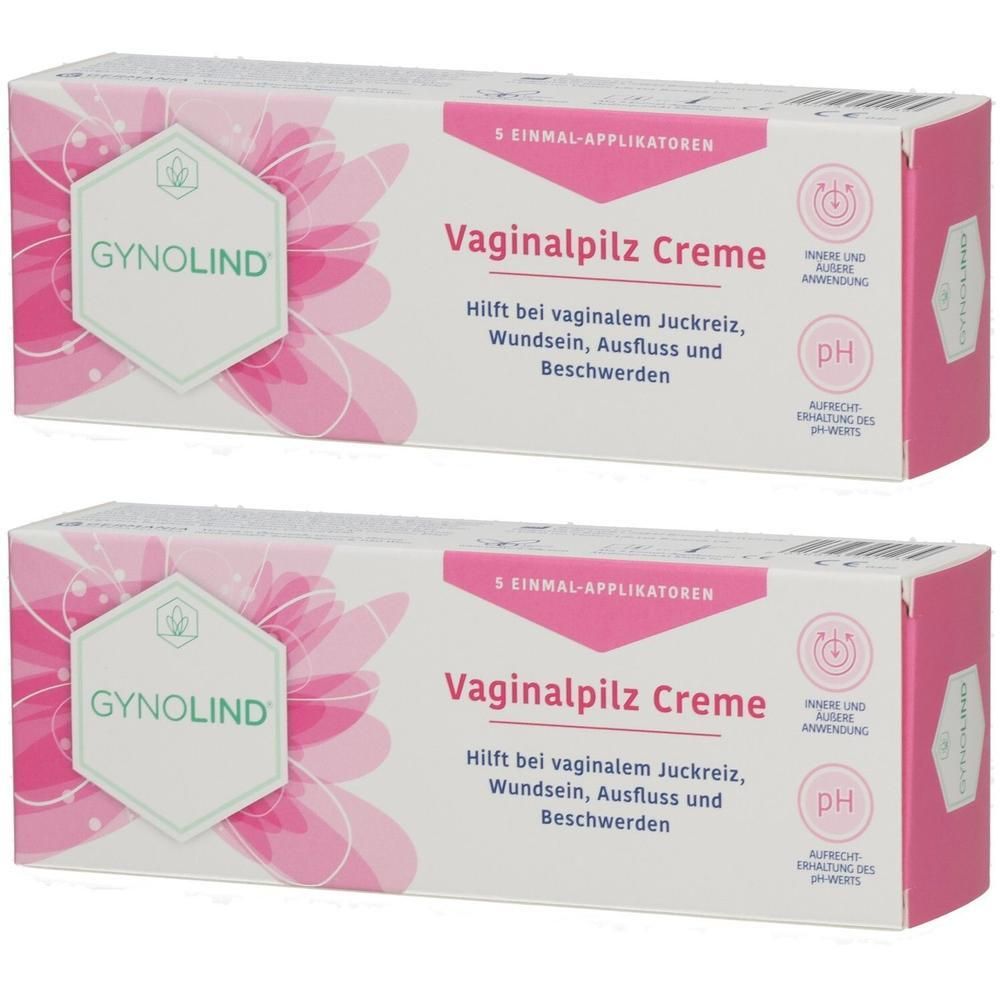 Zwei Packungen Gynolind Vaginalpilz Creme mit je 5 Einmal-Applikatoren. Hilft bei vaginalem Juckreiz und Beschwerden.