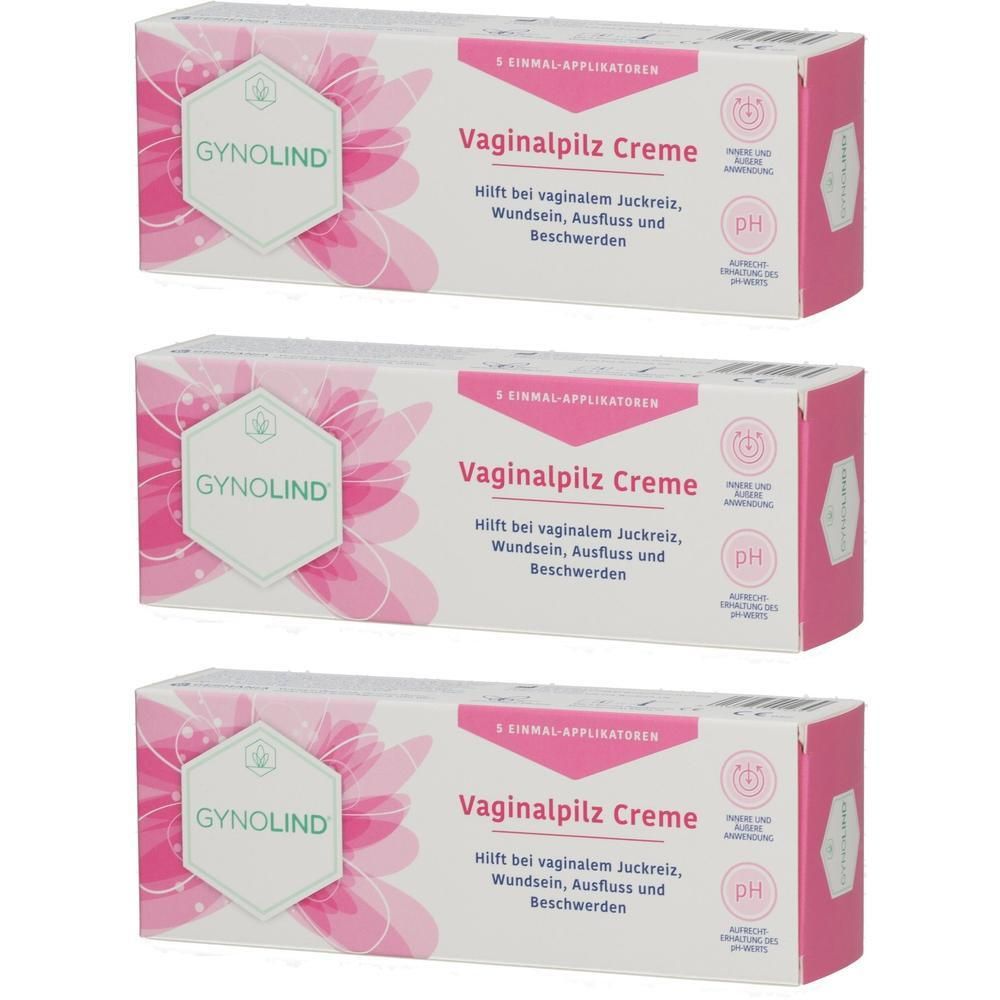 Drei Packungen Gynolind Vaginalpilz Creme mit Applikatoren. Rosa und weiße Verpackung mit Blumenmuster.