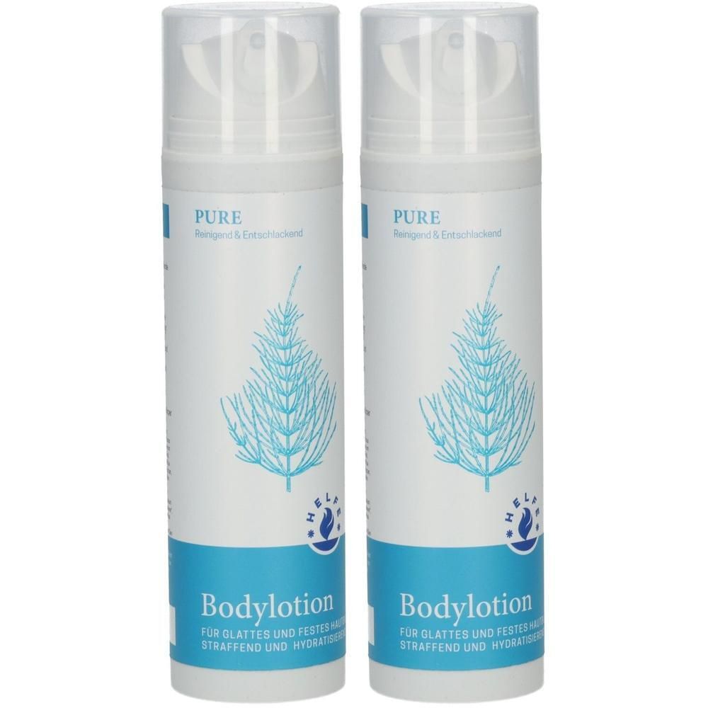 Zwei weiße Pumpflaschen mit blauer Schrift und einem stiliserten Baum. Bodylotion für straffe und hydratisierte Haut.