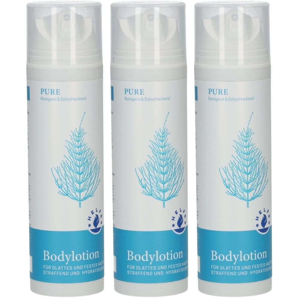 Drei weiße Pumpspender mit blauer Schrift und einem stilisierten Farn. Beschriftung: Bodylotion.