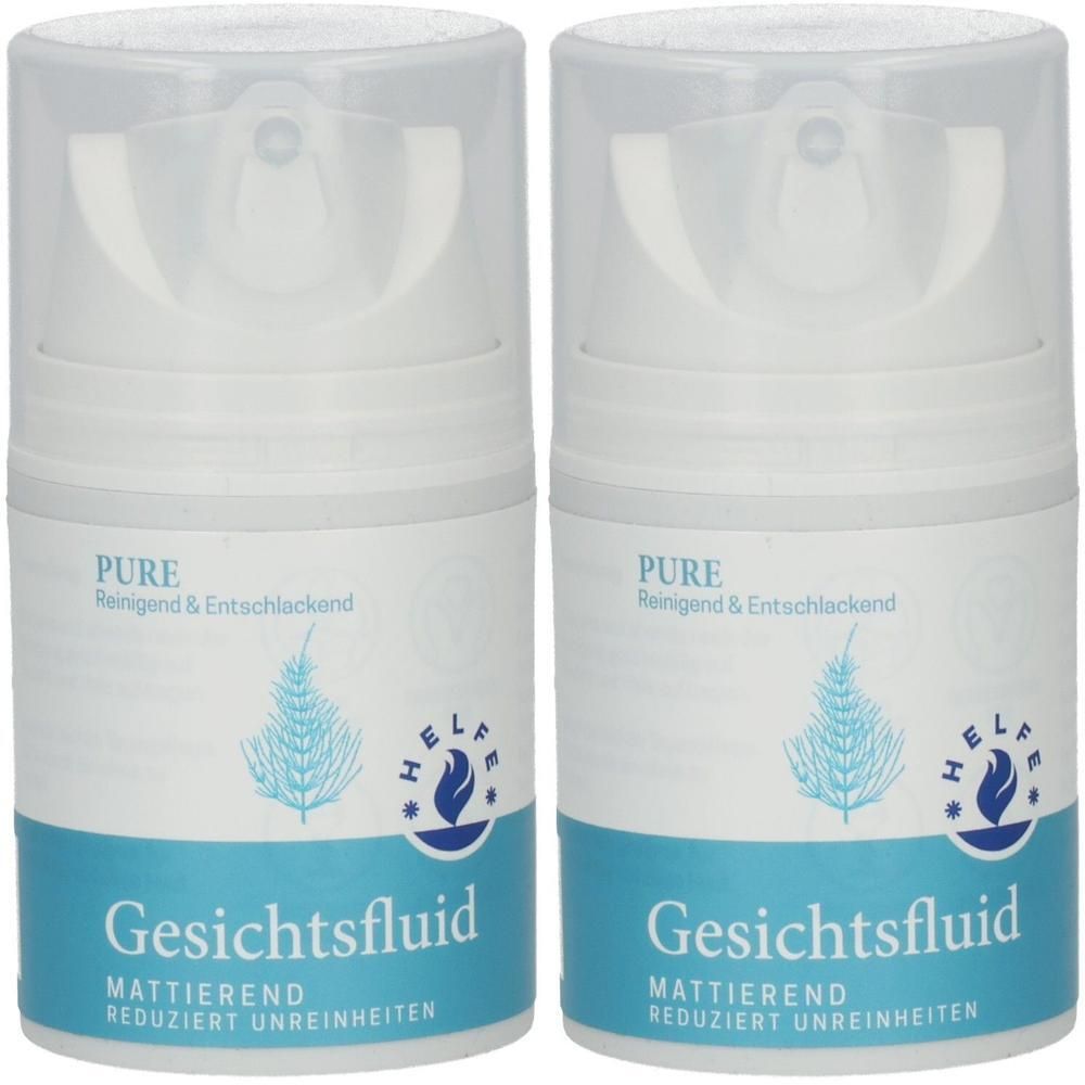 Zwei weiße Flaschen mit Pumpspendern, beschriftet mit 'Gesichtsfluid PURE'.
