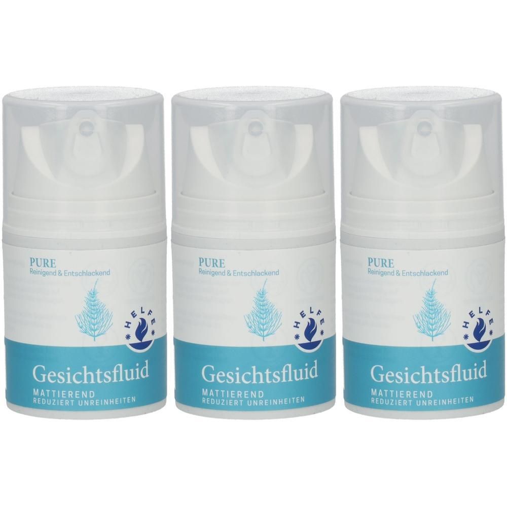 Drei Flaschen Gesichtsfluid mit Pumpzerstäuber. Mattierend, reduziert Unreinheiten.
