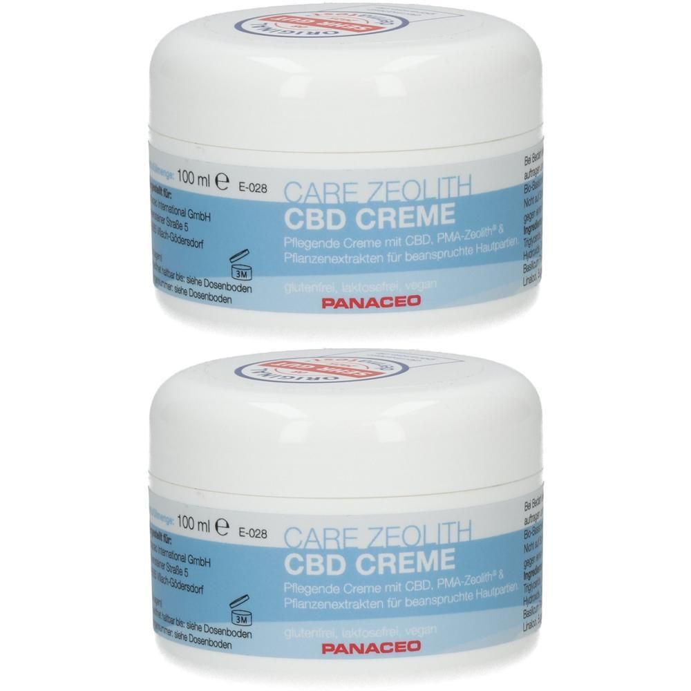 Zwei weiße Tiegel mit PANACEO Care Zeolith CBD Creme, je 100 ml.