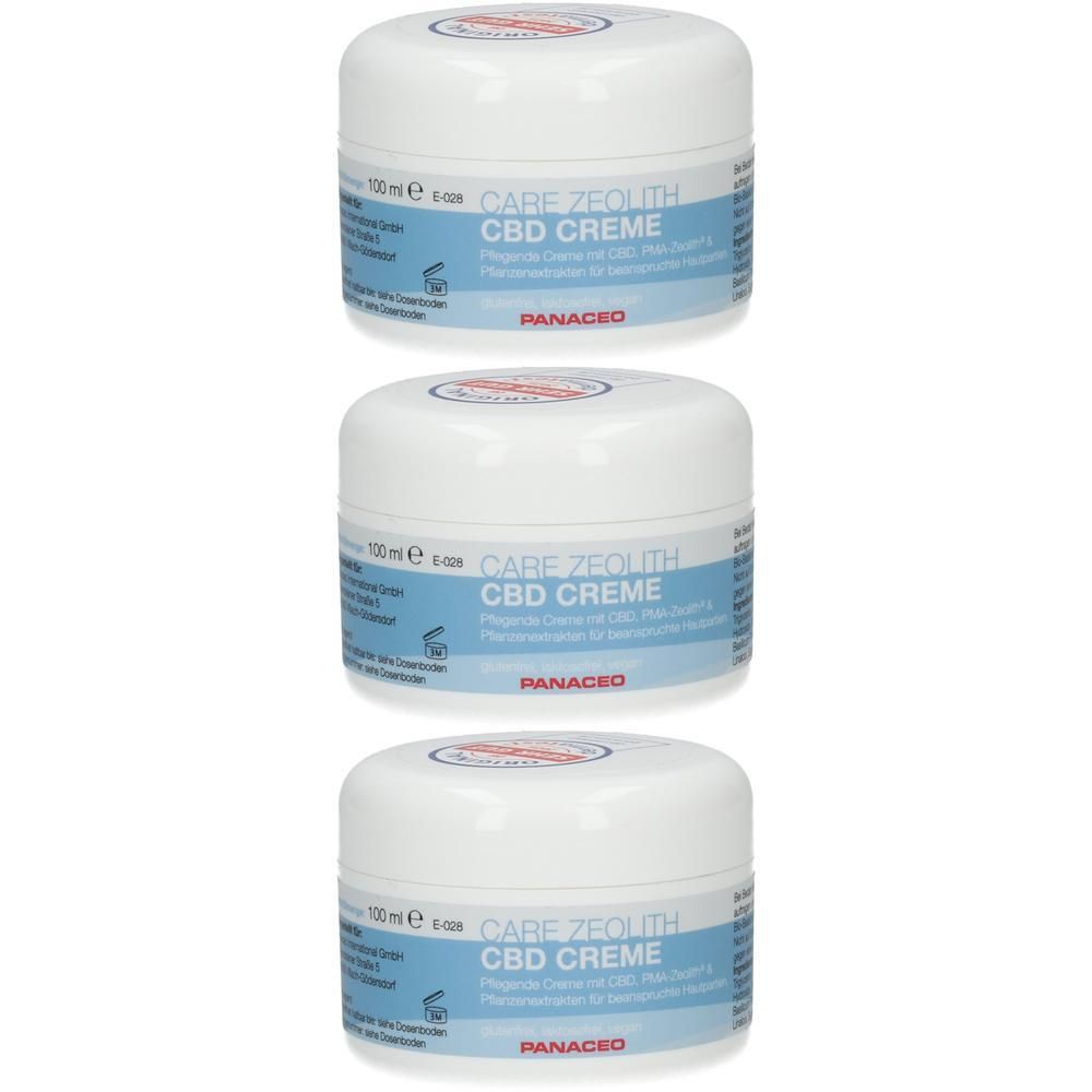 Drei weiße Tiegel mit PANACEO CARE ZEOLITH CBD CREME, jeweils 100 ml.