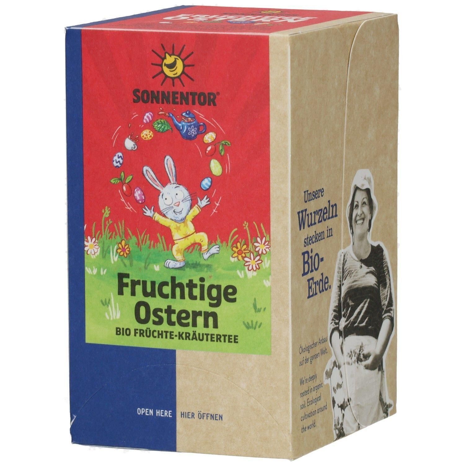 SONNENTOR Fruchtige Ostern Bio-Kräutertee Karton mit Osterhase und bunten Eiern.