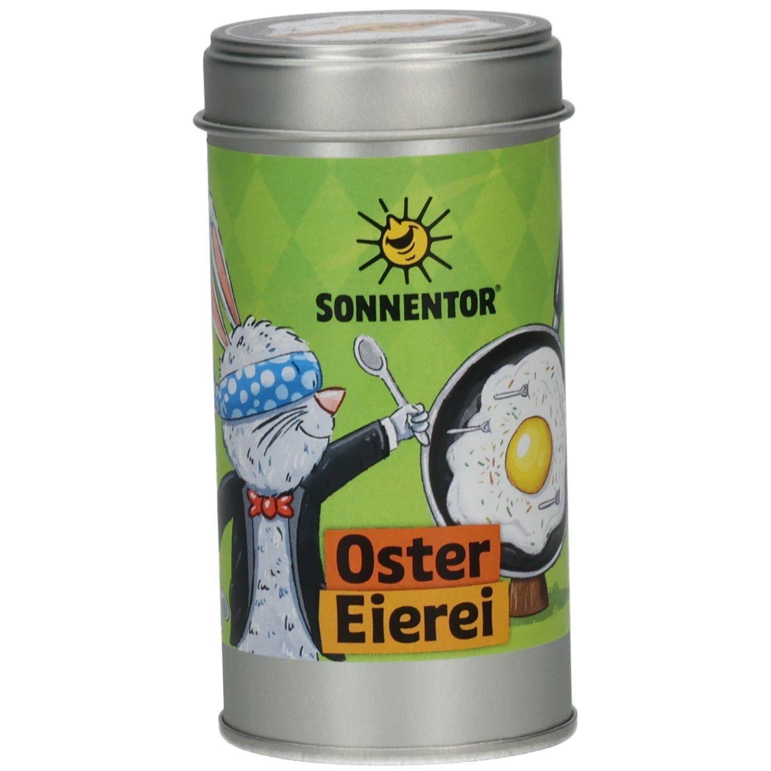 Blechdose mit Oster-Motiv: Hase mit Augenbinde und Pfanne mit Spiegelei. Sonnator Logo.