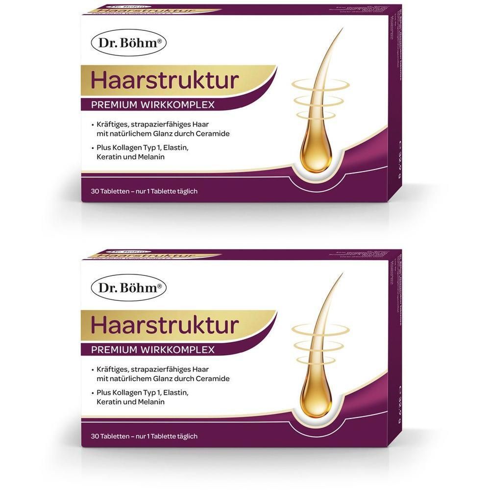 Zwei Packungen Dr. Böhm Haarstruktur Premium Wirkkomplex mit Abbildung eines Haares.
