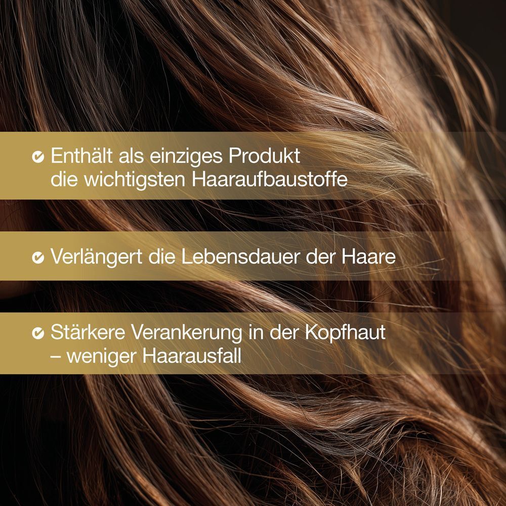 Nahaufnahme von Haaren mit Textfeldern zu Inhaltsstoffen und Wirkung.