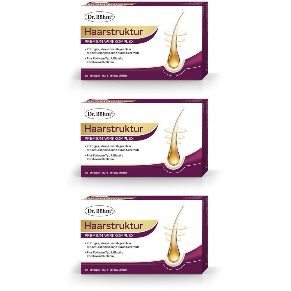 Drei Packungen Dr. Böhm Haarstruktur Premium Wirkkomplex mit Abbildung eines Haares.