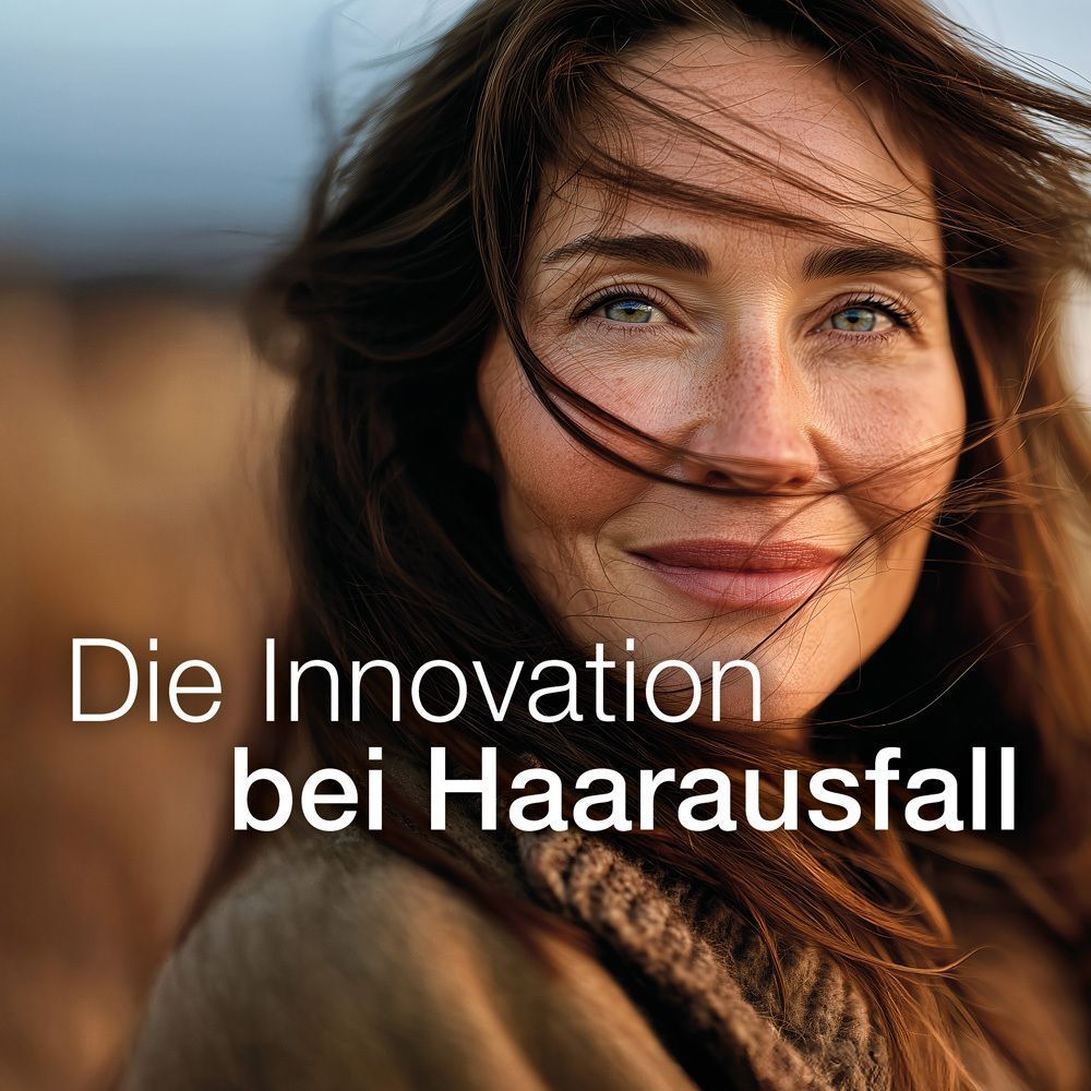 Porträt einer lächelnden Frau mit wehendem Haar und dem Text 'Die Innovation bei Haarausfall'.