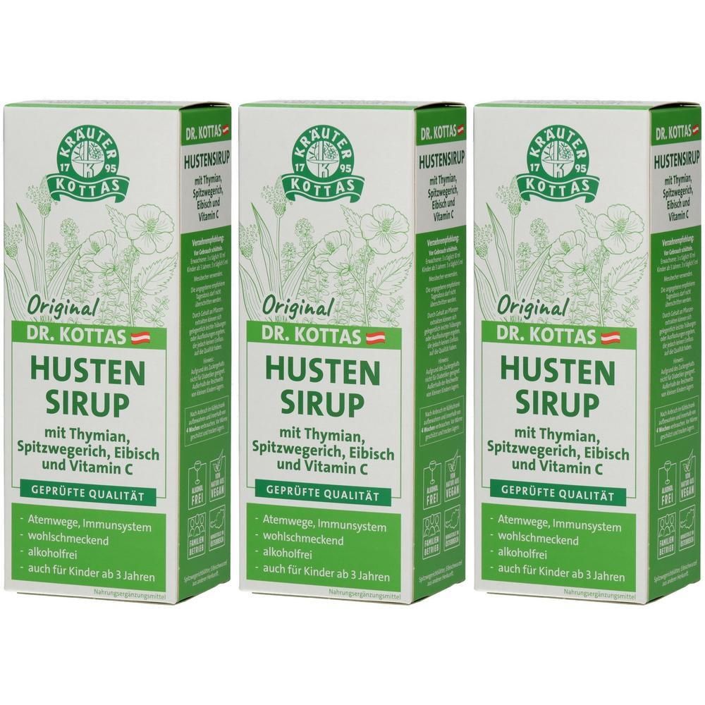 Drei Packungen Dr. Kottas Original Hustensirup mit Thymian, Spitzwegerich, Eibisch und Vitamin C. Geprüfte Qualität.