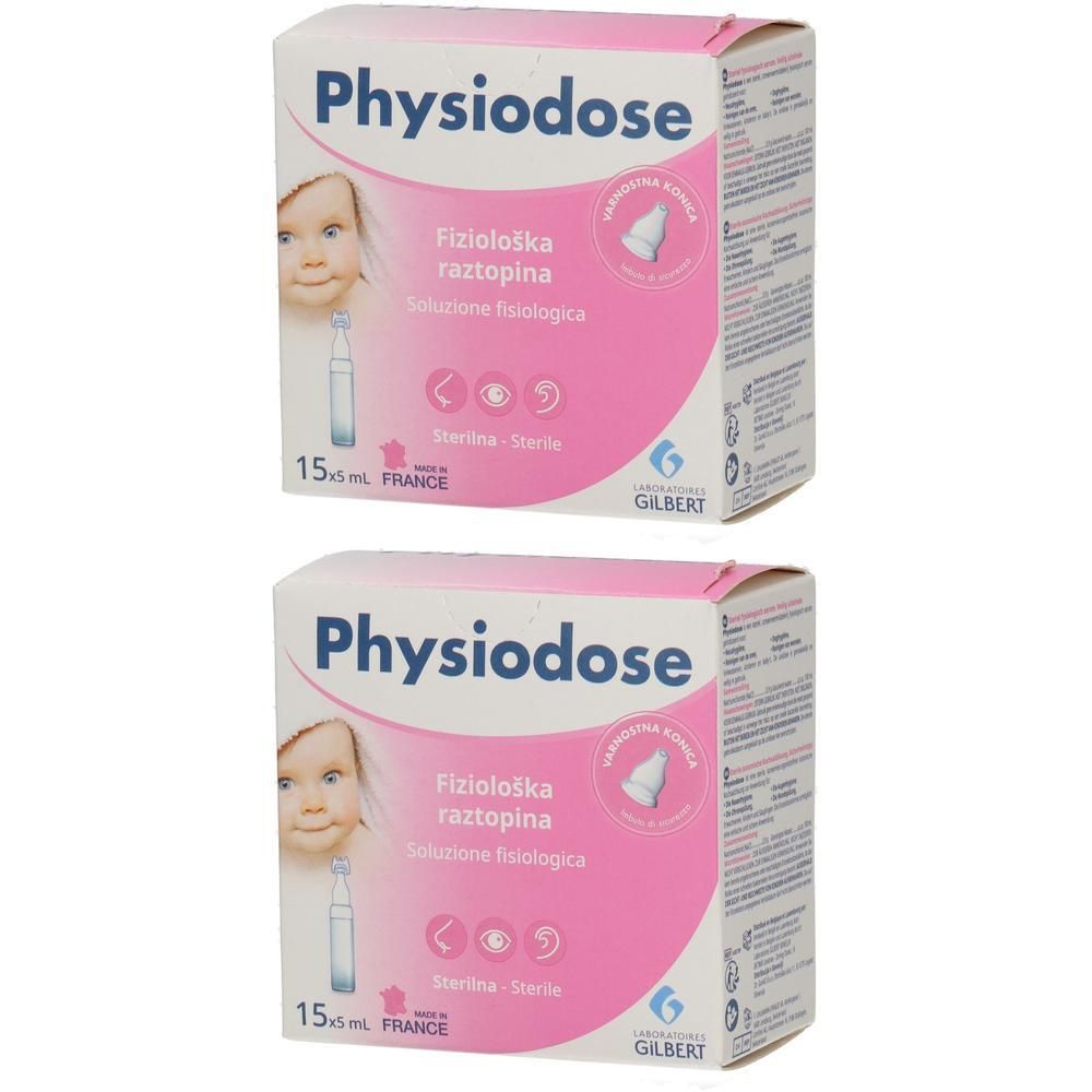 Zwei Packungen Physiose mit Kochsalzlösung, 15x5ml. Sterile Einzeldosis-Ampullen für Babys.