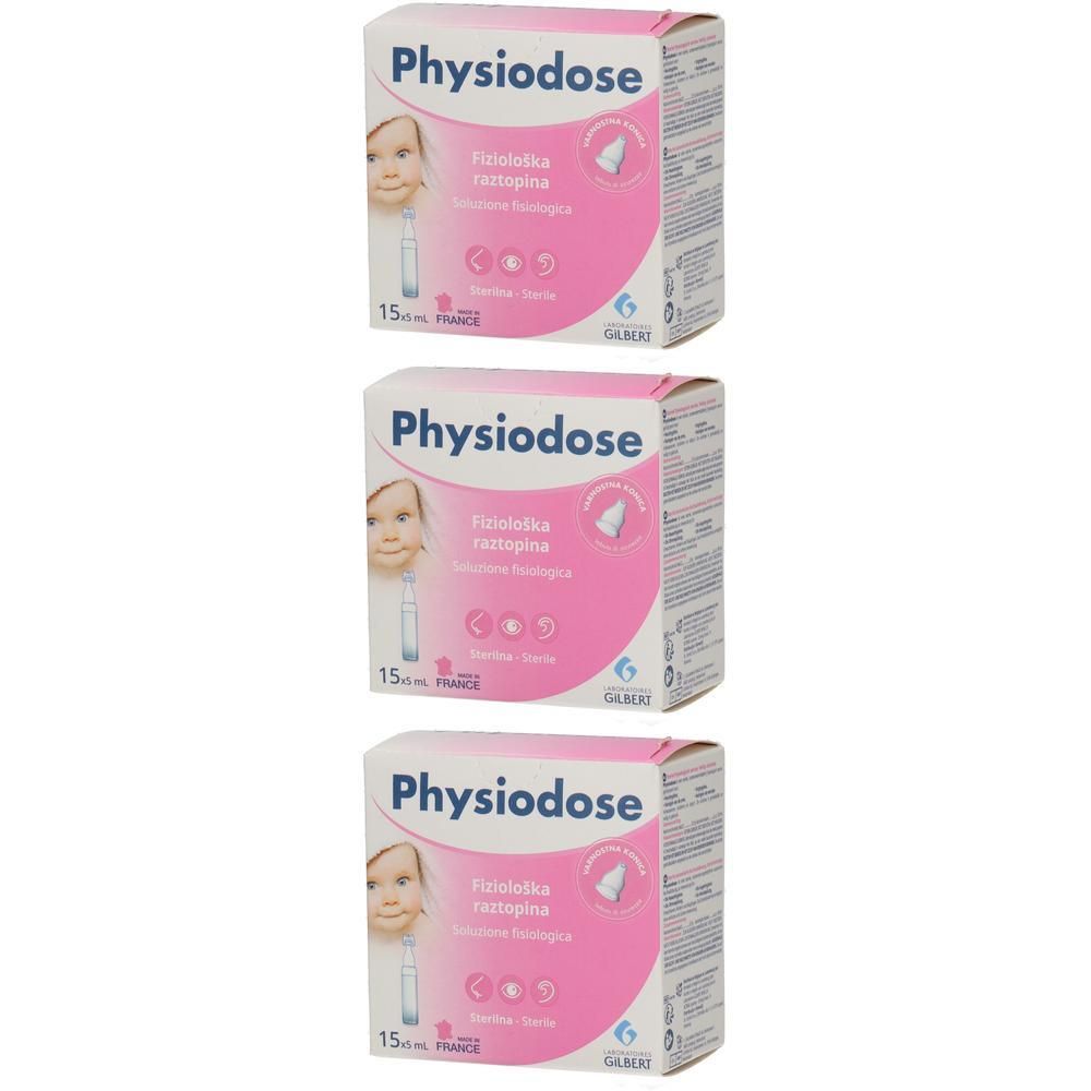 Drei Packungen Physiose Infusionslösung, 0,9% NaCl, 5ml Ampullen.