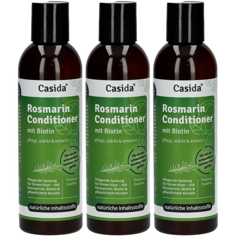 Drei Flaschen Casida Rosmarin Conditioner mit Biotin für feines Haar, mit Rosmarinöl, Biotin & Keratin.