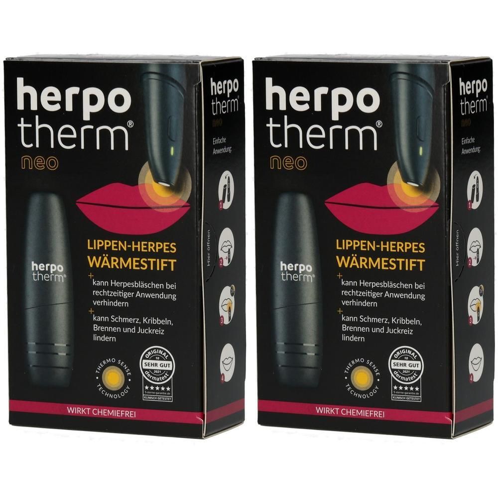 Zwei Packungen Herpotherm Neo Lippen-Herpes Wärmestift. Schwarzer Stift mit silbernen Ringen.