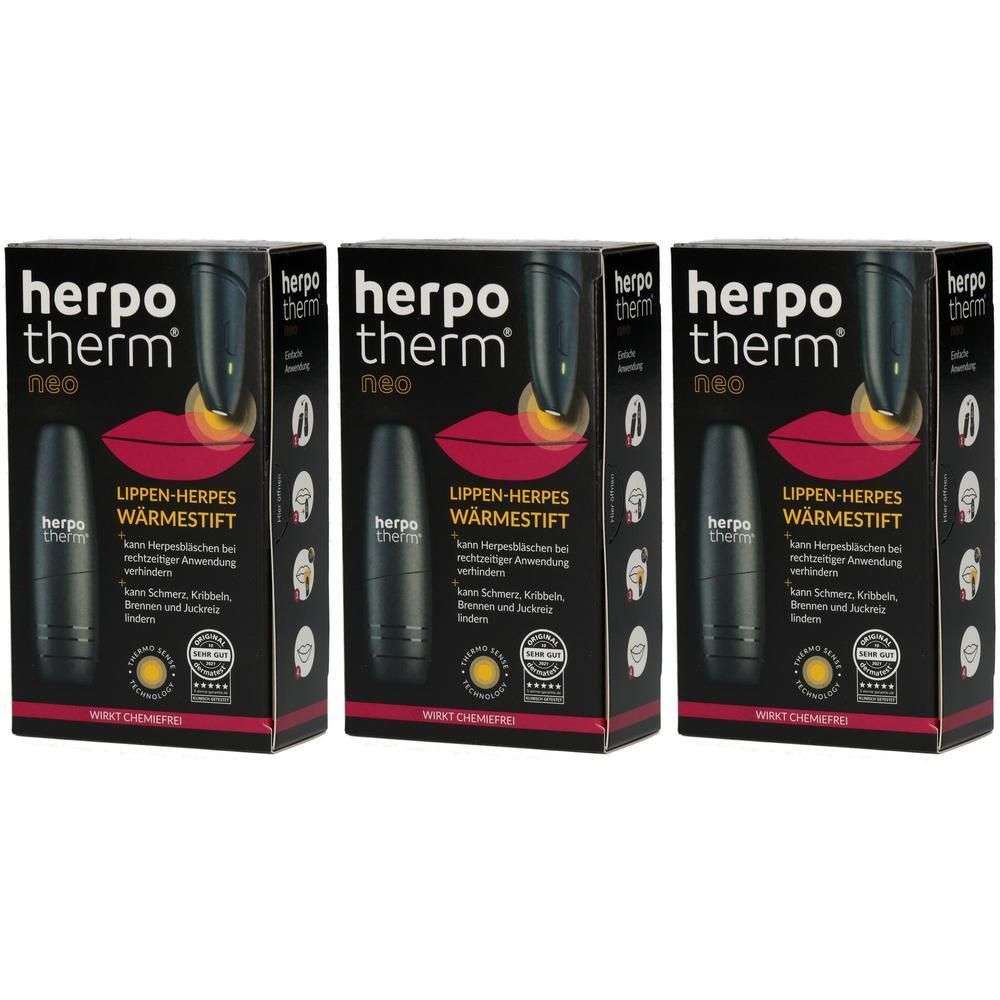 Drei Packungen Herpotherm Neo Lippen-Herpes Wärmestift. Schwarzer Stift mit Applikator, zeigt Lippenmotiv.
