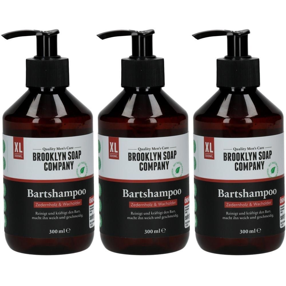 Drei Flaschen Bartshampoo von Brooklyn Soap Company mit Pumpverschluss. Dunkelbraune Flaschen mit schwarzem Etikett.