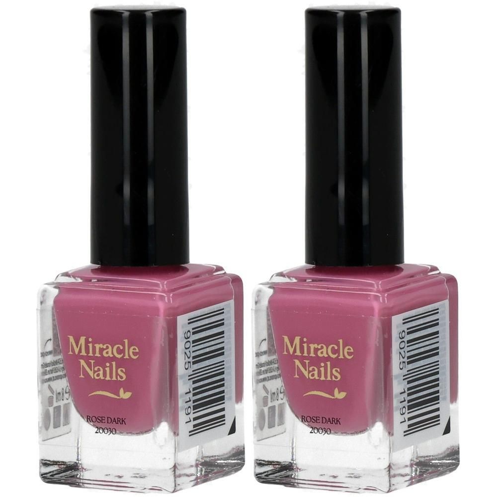 Zwei Flaschen rosafarbenen Nagellacks mit schwarzen Kappen. Etikett mit 'Miracle Nails' und 'Rose Dark'.