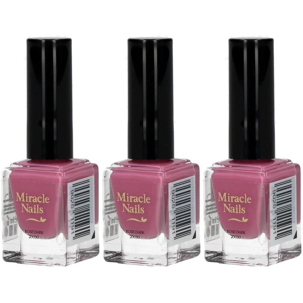 Drei Flaschen rosafarbener Nagellack mit schwarzen Kappen. Etikett zeigt 'Miracle Nails Rose Dark'.