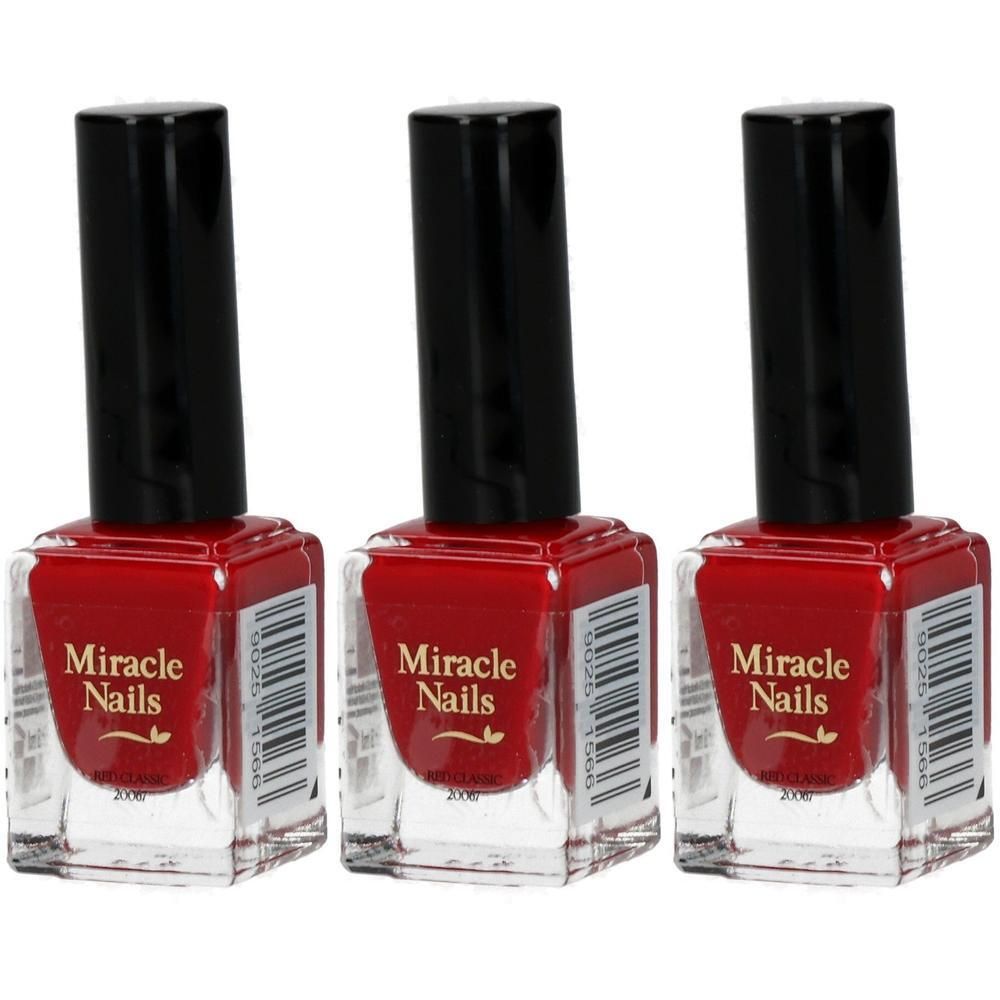 Drei Fläschchen roter Nagellack mit schwarzen Kappen und Etiketten mit der Aufschrift "Miracle Nails".