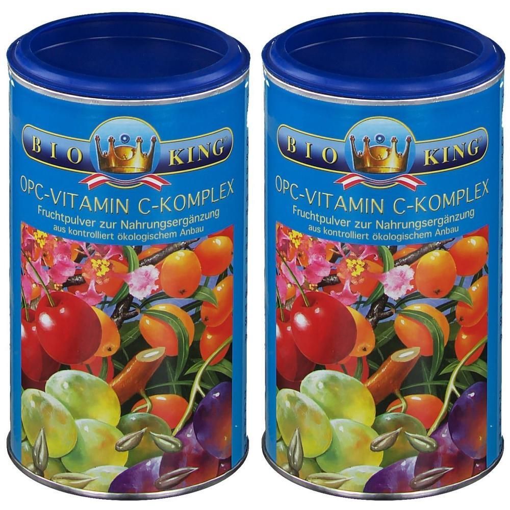 Zwei Dosen Bio OPC Vitamin C Komplex mit Fruchtmotiv.
