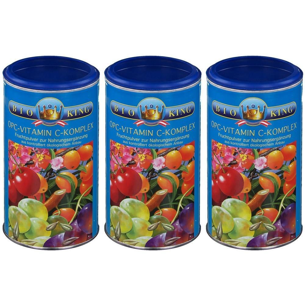 Drei Dosen OPC-Vitamin C-Komplex mit Fruchtmotiv.