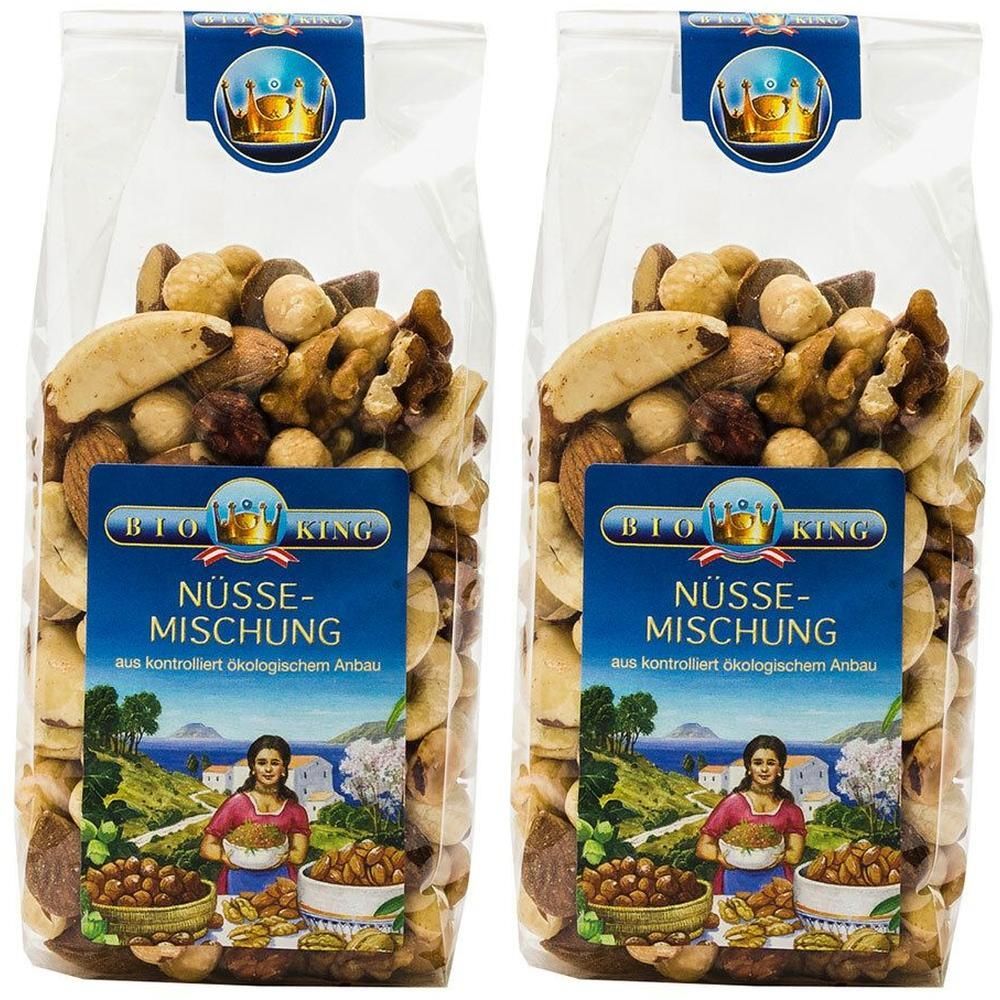 Zwei Packungen BIO KING Nüsse Mischung, gefüllt mit verschiedenen Nüssen und Trockenfrüchten.