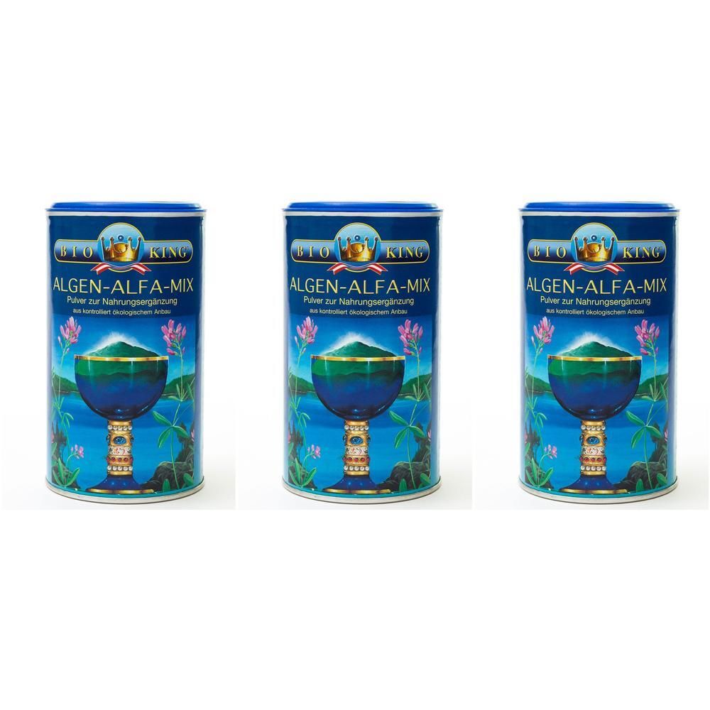 Drei Dosen BIO KING ALGEN-ALFA-MIX Pulver mit Algenmotiv und floralen Elementen.