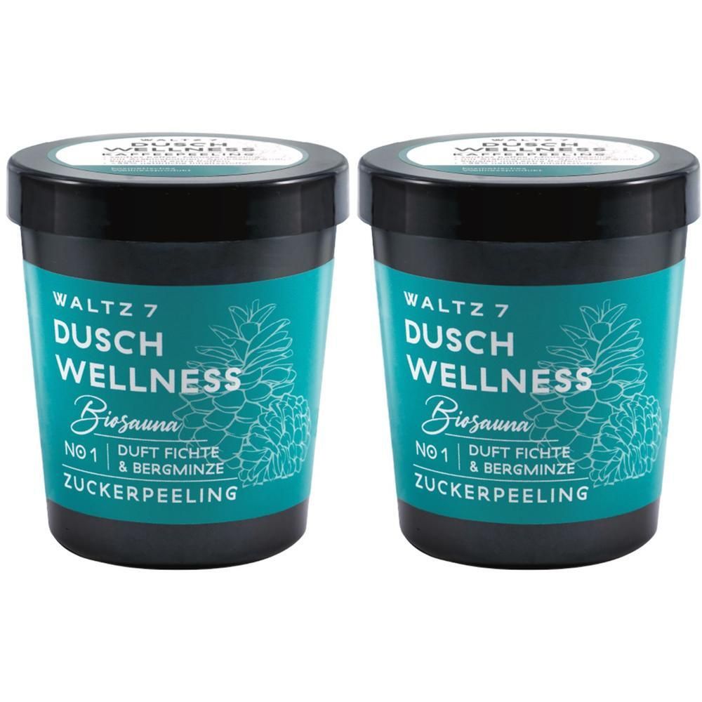Zwei Behälter WALTZ 7 Dusch Wellness Zuckerpeeling mit Fichte & Bergminze Duft.